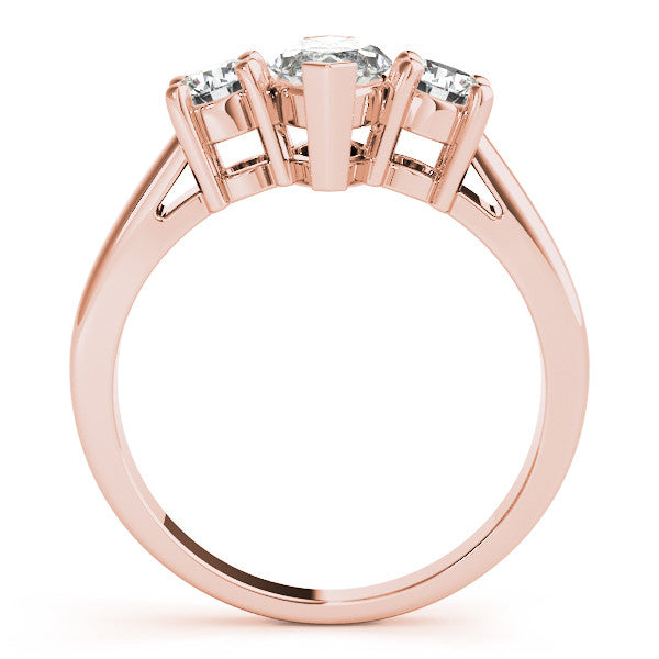 Rose gold Three-Stone Oval Cut Diamond Solitaire with Round Accents and Prong Setting on a Classic Band
