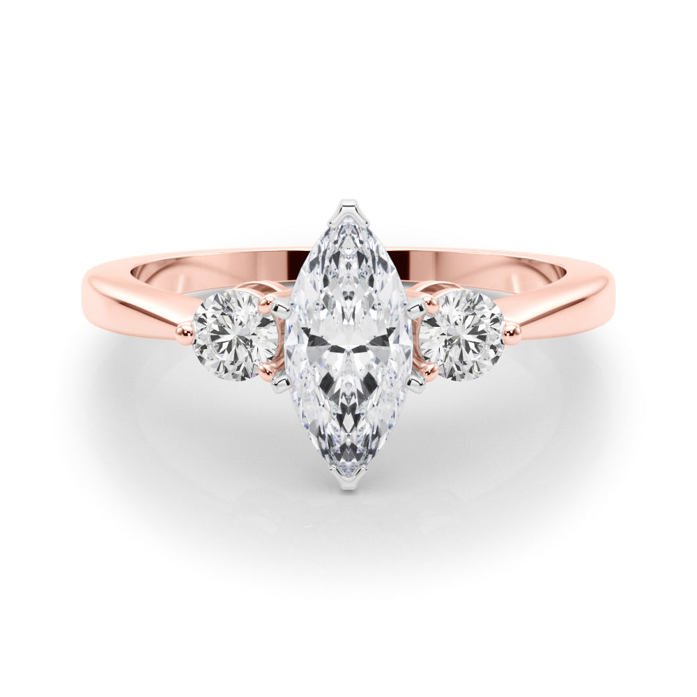 Rose gold Three-Stone Marquise Solitaire Ring with Tapered Band and Four-Prong Setting 1