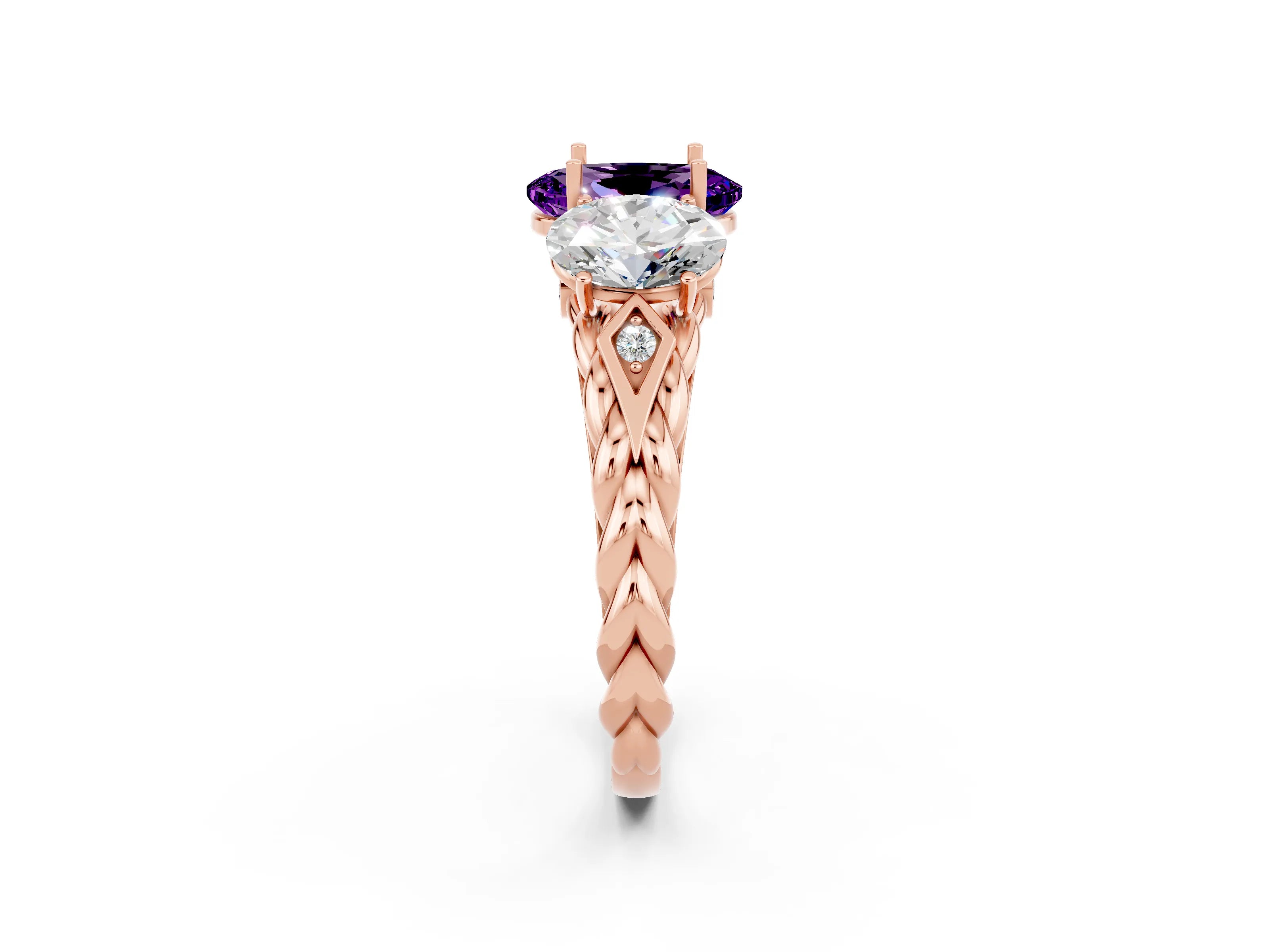 Rose gold Three-Stone Oval Cut Amethyst Braided Band Ring with Four-Prong Setting_14