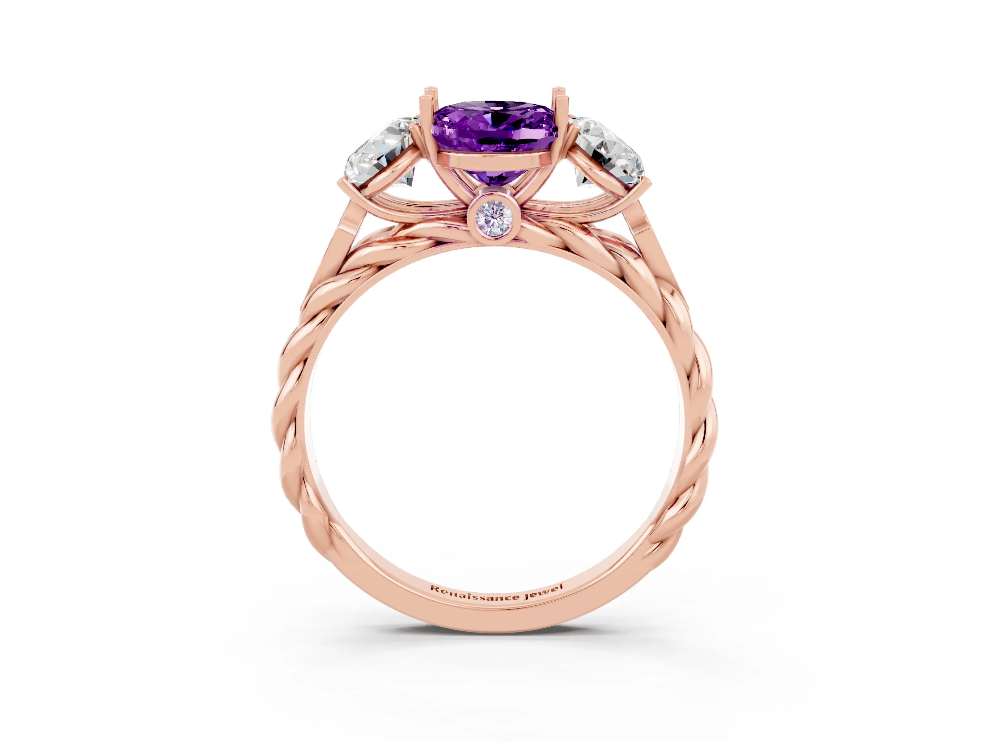 Rose gold Three-Stone Oval Cut Amethyst Braided Band Ring with Four-Prong Setting_15