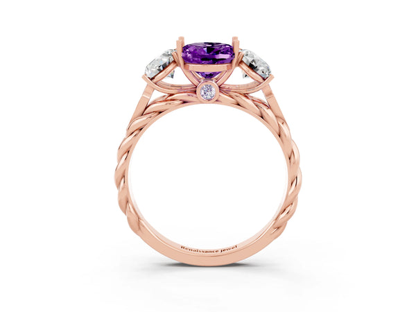 Rose gold Three-Stone Oval Cut Amethyst Braided Band Ring with Four-Prong Setting