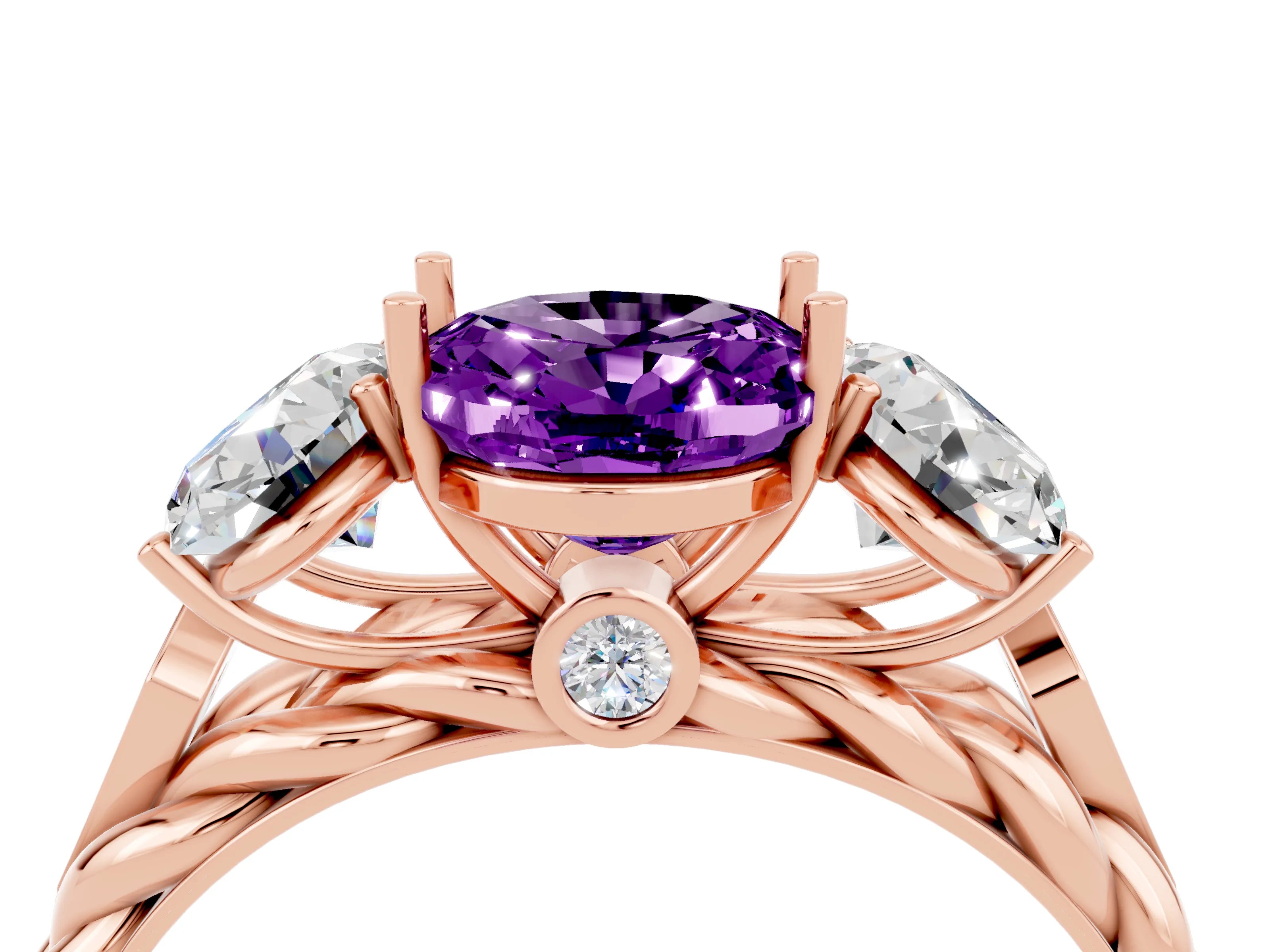 Rose gold Three-Stone Oval Cut Amethyst Braided Band Ring with Four-Prong Setting_16