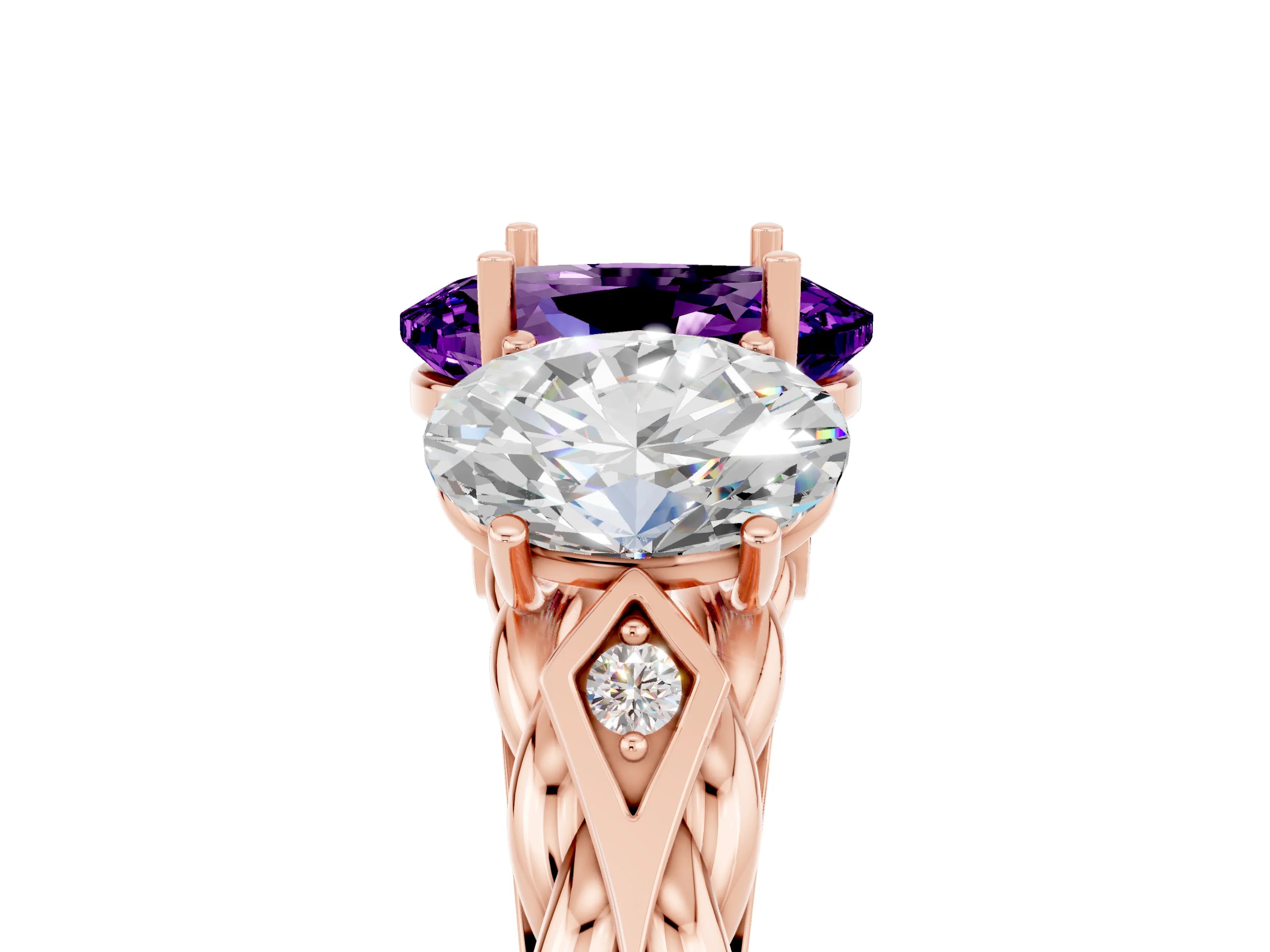 Rose gold Three-Stone Oval Cut Amethyst Braided Band Ring with Four-Prong Setting_17