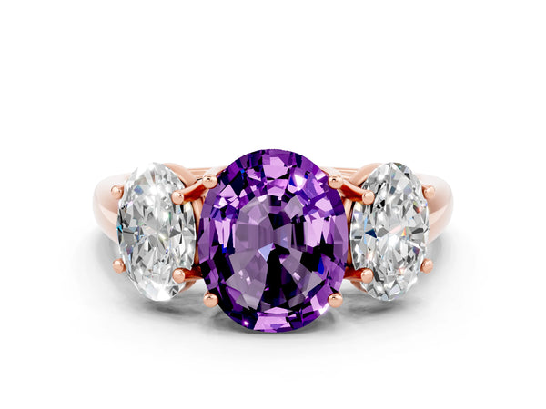 Rose gold Three-Stone Oval Cut Amethyst Engagement Ring with Prong Setting