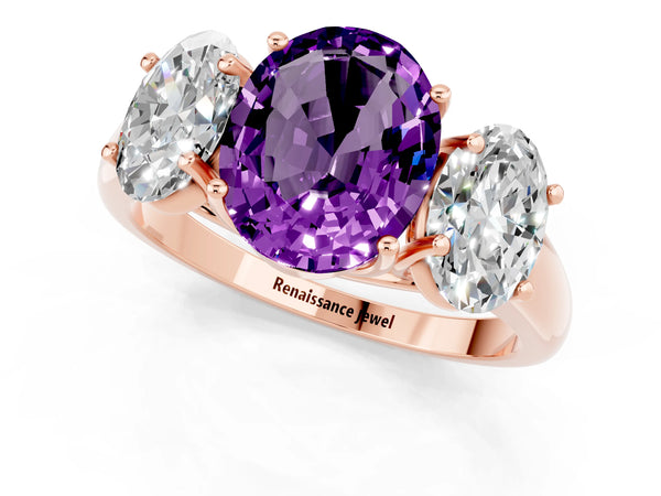 Rose gold Three-Stone Oval Cut Amethyst Engagement Ring with Prong Setting