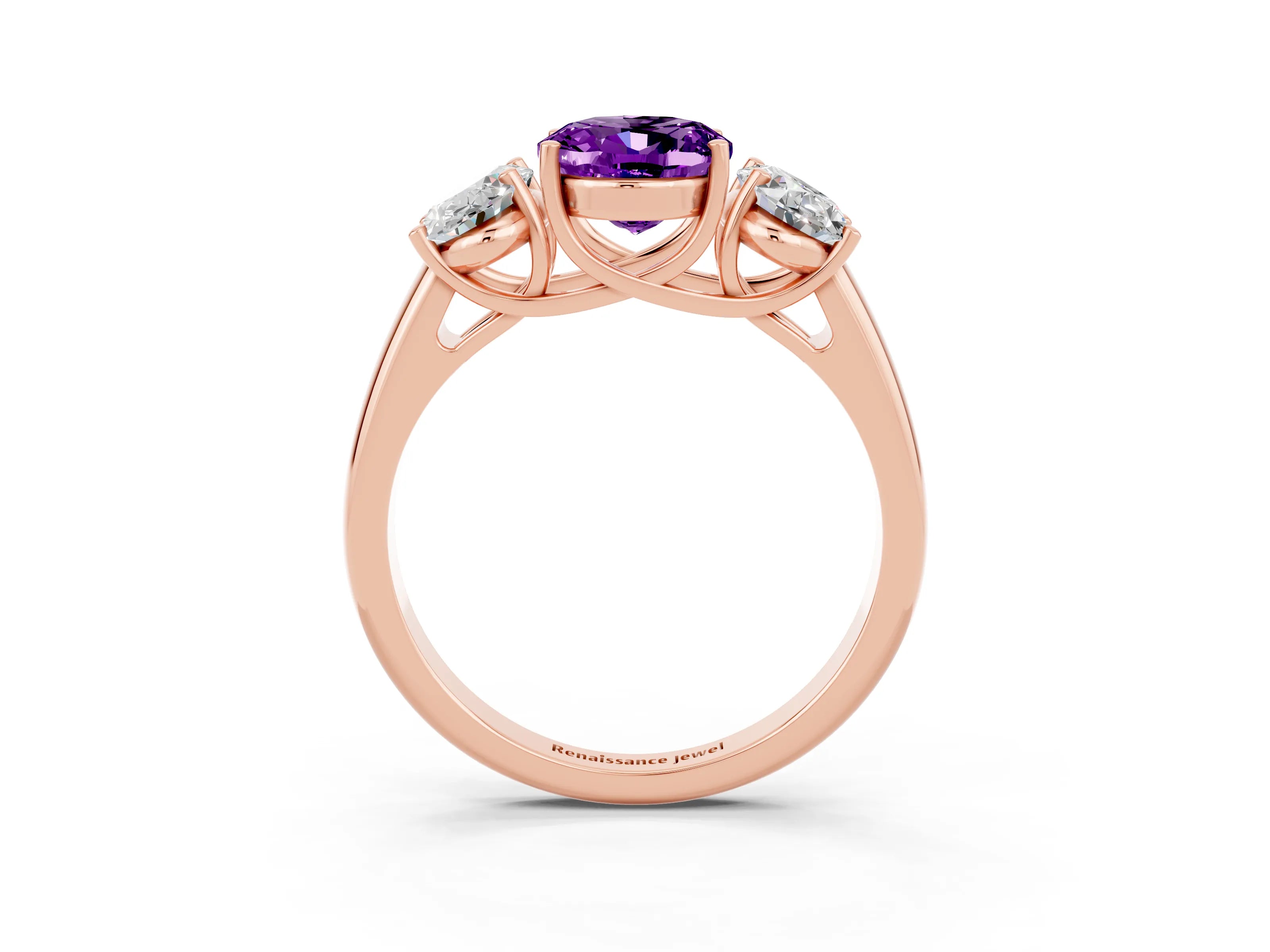 Rose gold Three-Stone Oval Cut Amethyst Engagement Ring with Prong Setting_3