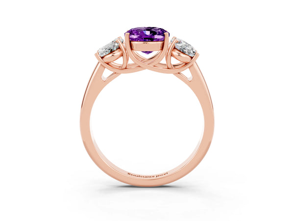 Rose gold Three-Stone Oval Cut Amethyst Engagement Ring with Prong Setting