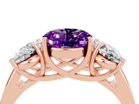 Rose gold Three-Stone Oval Cut Amethyst Engagement Ring with Prong Setting_4