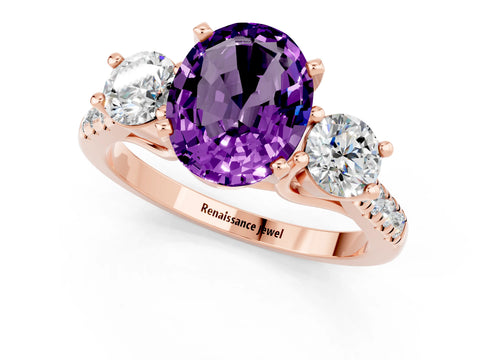 Rose gold Three-Stone Oval Cut Amethyst Pavé Band with Four-Prong Setting_1