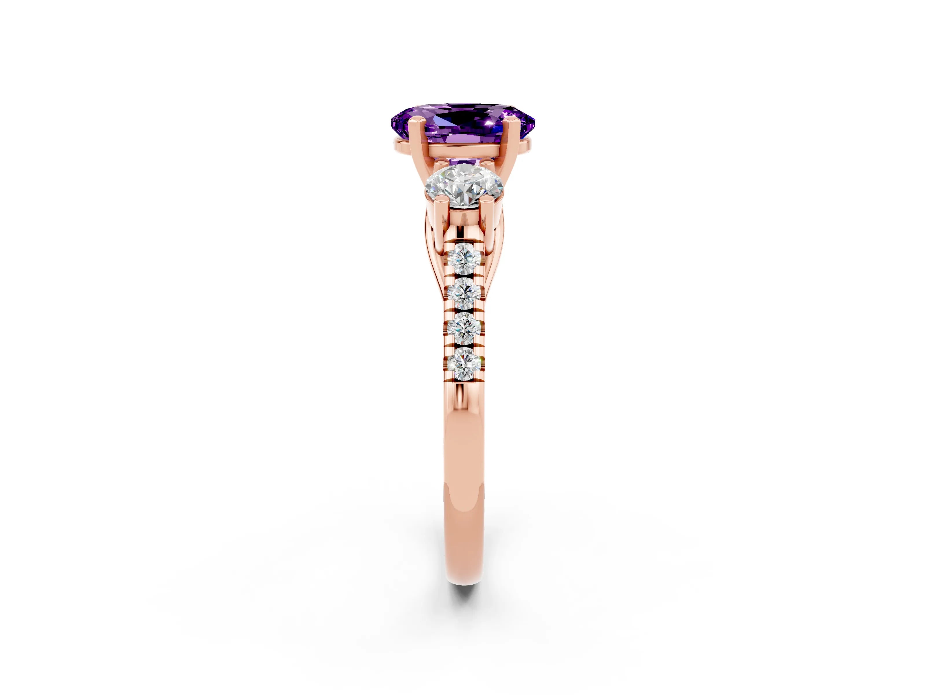 Rose gold Three-Stone Oval Cut Amethyst Pavé Band with Four-Prong Setting_2