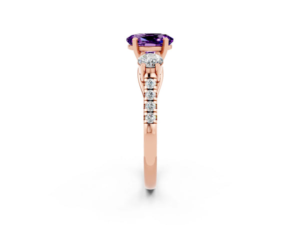 Rose gold Three-Stone Oval Cut Amethyst Pavé Band with Four-Prong Setting