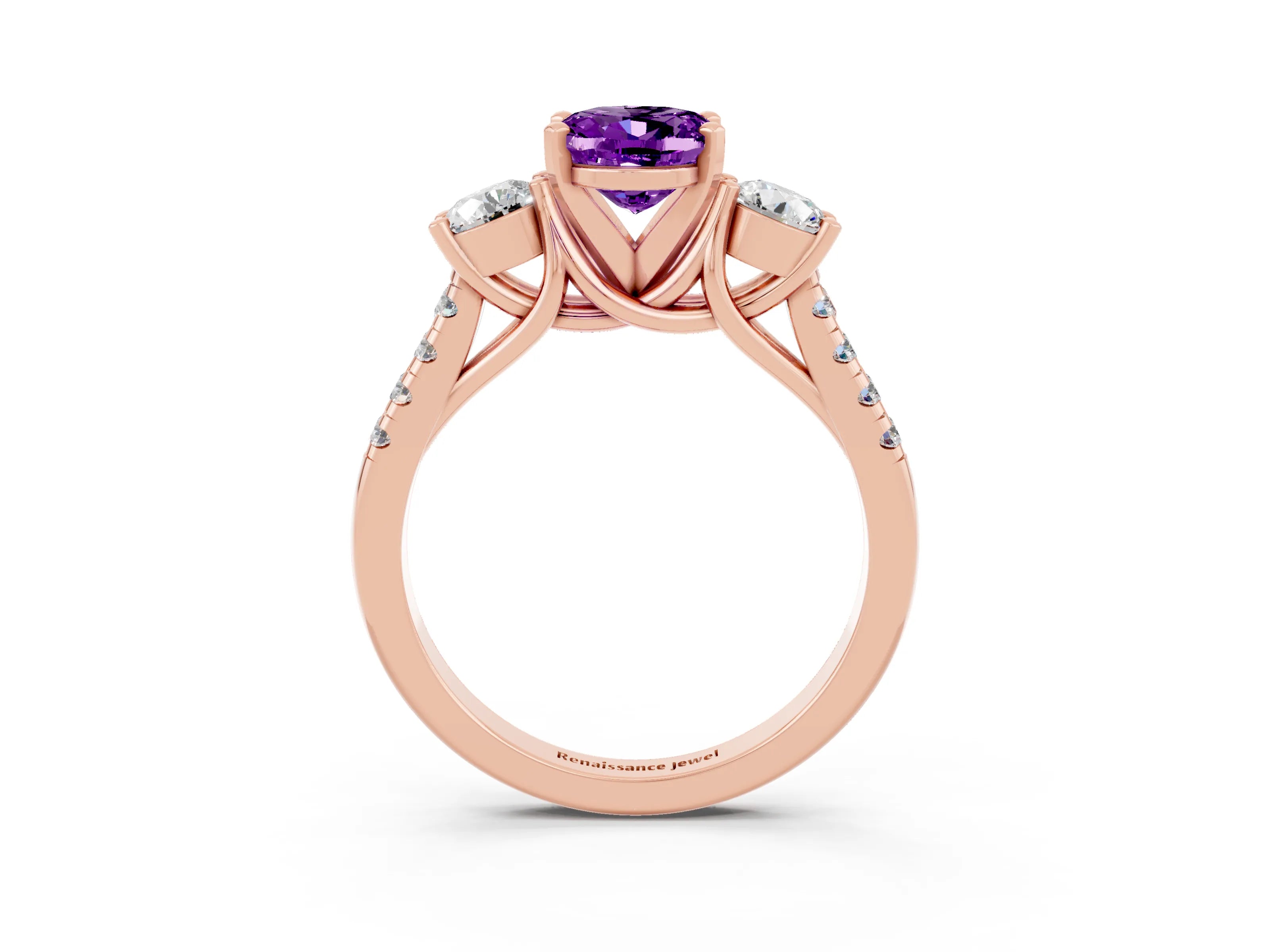 Rose gold Three-Stone Oval Cut Amethyst Pavé Band with Four-Prong Setting_3