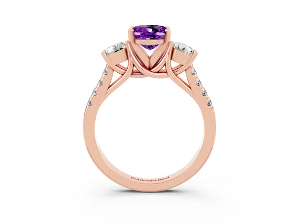 Rose gold Three-Stone Oval Cut Amethyst Pavé Band with Four-Prong Setting