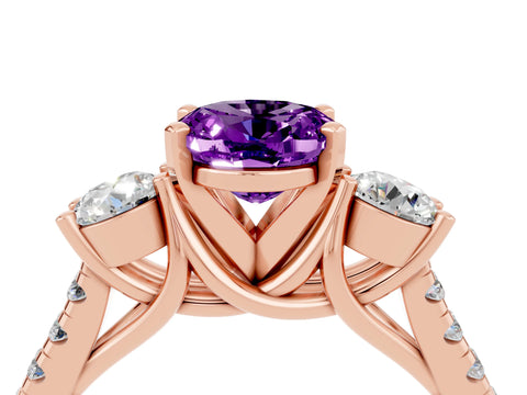 Rose gold Three-Stone Oval Cut Amethyst Pavé Band with Four-Prong Setting_4