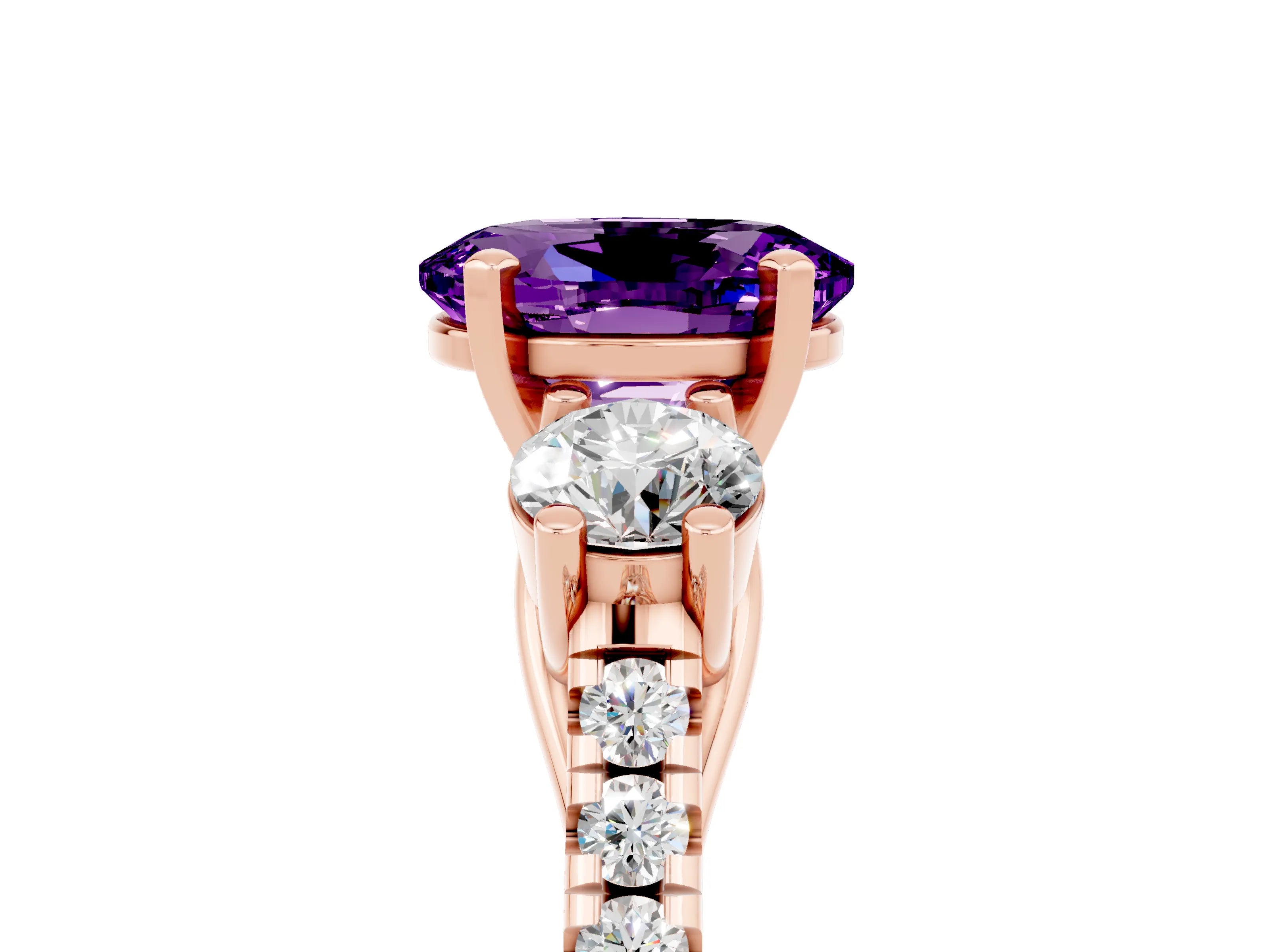 Rose gold Three-Stone Oval Cut Amethyst Pavé Band with Four-Prong Setting_5