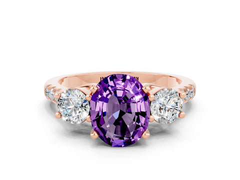 Rose gold Three-Stone Oval Cut Amethyst Pavé Band with Four-Prong Setting