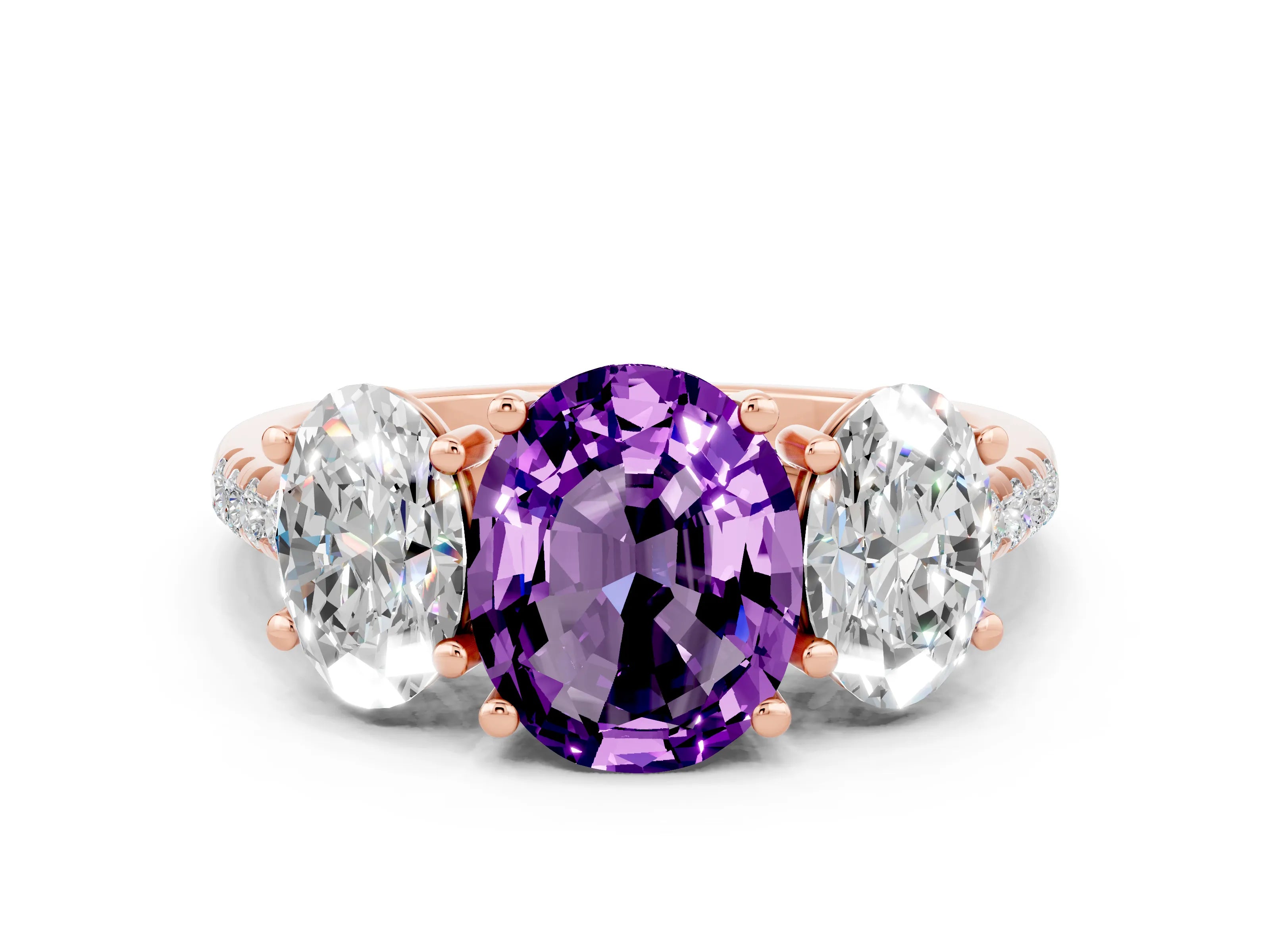 Rose gold Three-Stone Oval Cut Amethyst Ring with Pavé Band and Prong Setting_12