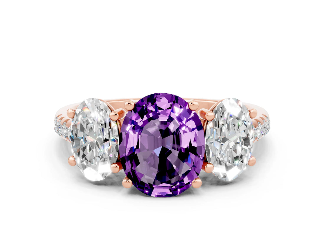 Rose gold Three-Stone Oval Cut Amethyst Ring with Pavé Band and Prong Setting_12