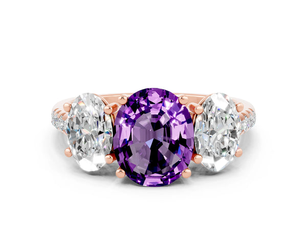 Rose gold Three-Stone Oval Cut Amethyst Ring with Round  Pavé Band and Prong Setting