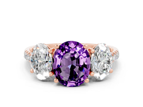 Rose gold Three-Stone Oval Cut Amethyst Ring with Pavé Band and Prong Setting_12