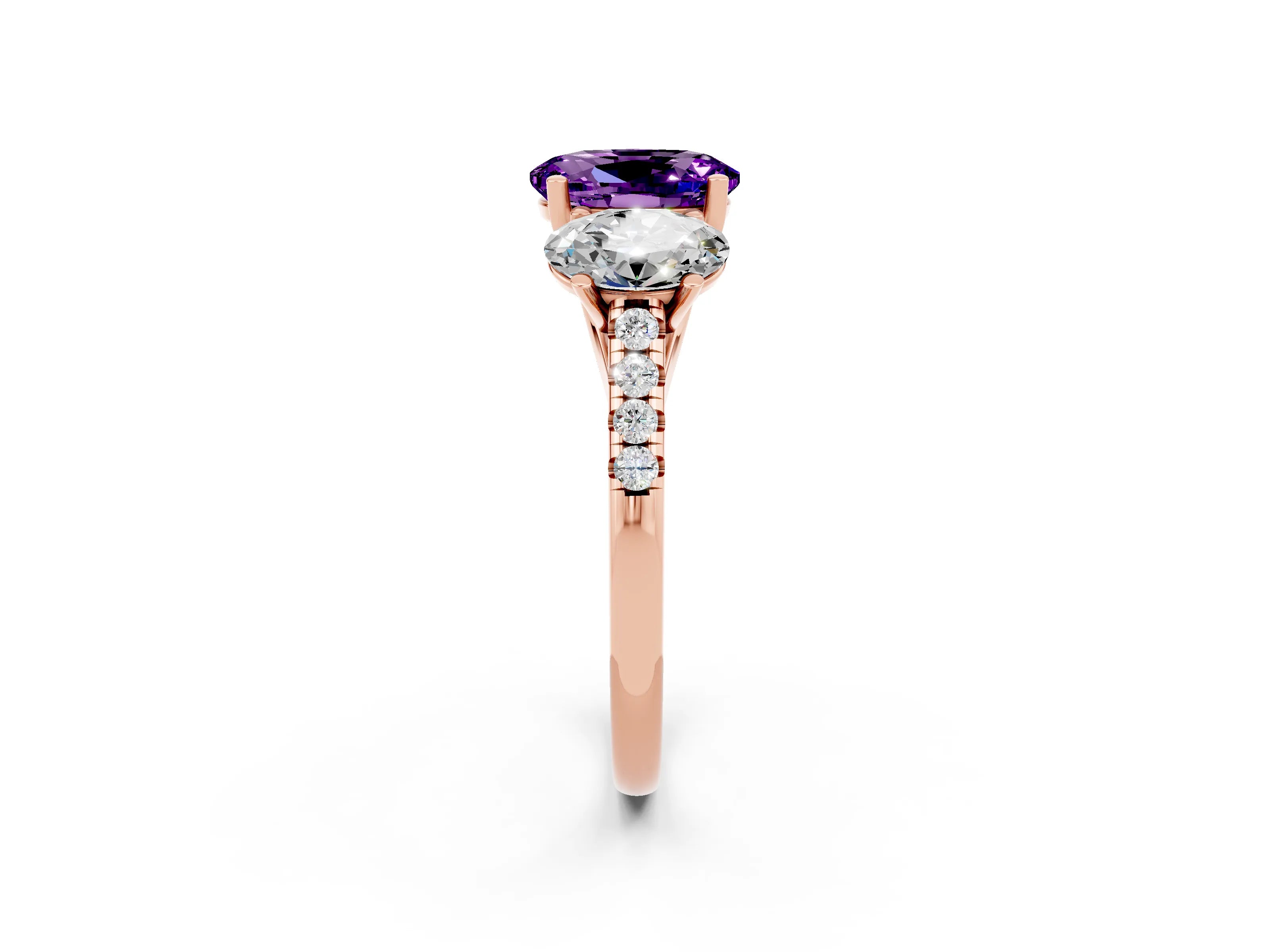 Rose gold Three-Stone Oval Cut Amethyst Ring with Pavé Band and Prong Setting_14