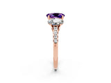 Rose gold Three-Stone Oval Cut Amethyst Ring with Pavé Band and Prong Setting_14
