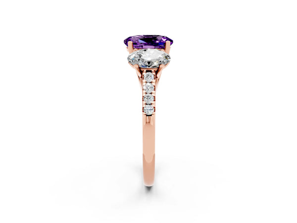 Rose gold Three-Stone Oval Cut Amethyst Ring with Round  Pavé Band and Prong Setting