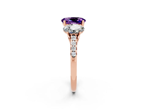 Rose gold Three-Stone Oval Cut Amethyst Ring with Pavé Band and Prong Setting_14