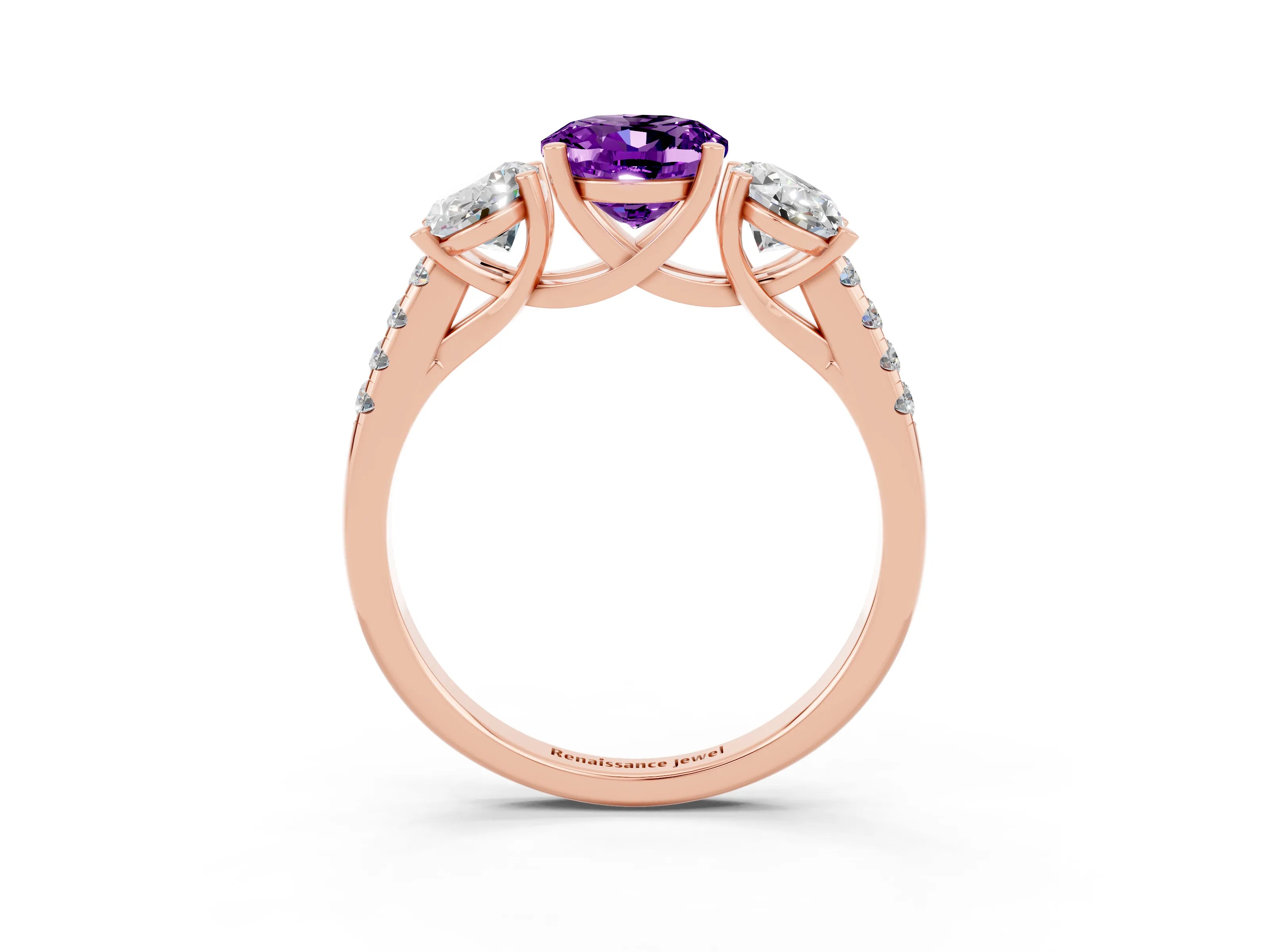 Rose gold Three-Stone Oval Cut Amethyst Ring with Pavé Band and Prong Setting_15