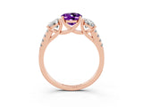 Rose gold Three-Stone Oval Cut Amethyst Ring with Pavé Band and Prong Setting_15