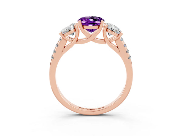 Rose gold Three-Stone Oval Cut Amethyst Ring with Round  Pavé Band and Prong Setting
