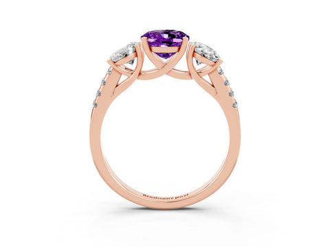 Rose gold Three-Stone Oval Cut Amethyst Ring with Pavé Band and Prong Setting_15