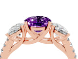 Rose gold Three-Stone Oval Cut Amethyst Ring with Pavé Band and Prong Setting_16