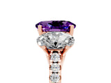 Rose gold Three-Stone Oval Cut Amethyst Ring with Pavé Band and Prong Setting_17