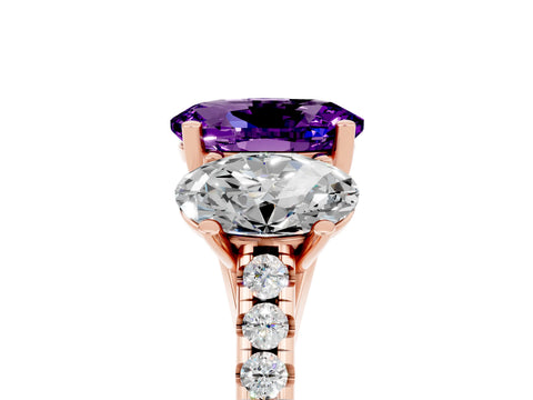 Rose gold Three-Stone Oval Cut Amethyst Ring with Pavé Band and Prong Setting_17
