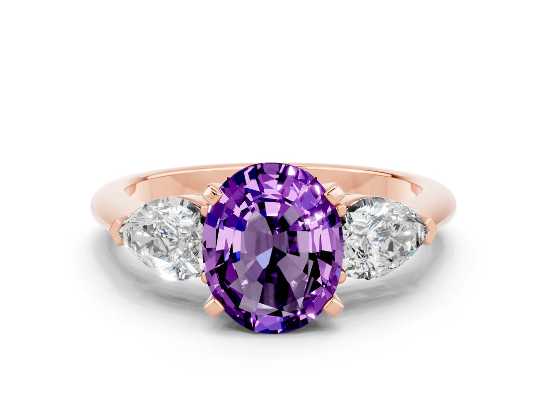 Rose gold Three-Stone Oval Cut Amethyst Ring with Pear Side Stones and Four-Prong Setting