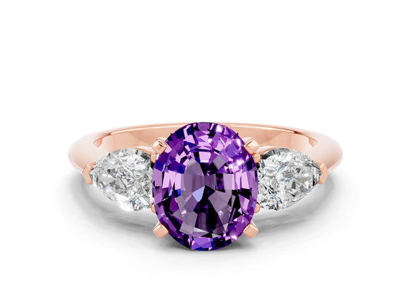 Rose gold Three-Stone Oval Cut Amethyst Ring with Pear Side Stones and Four-Prong Setting