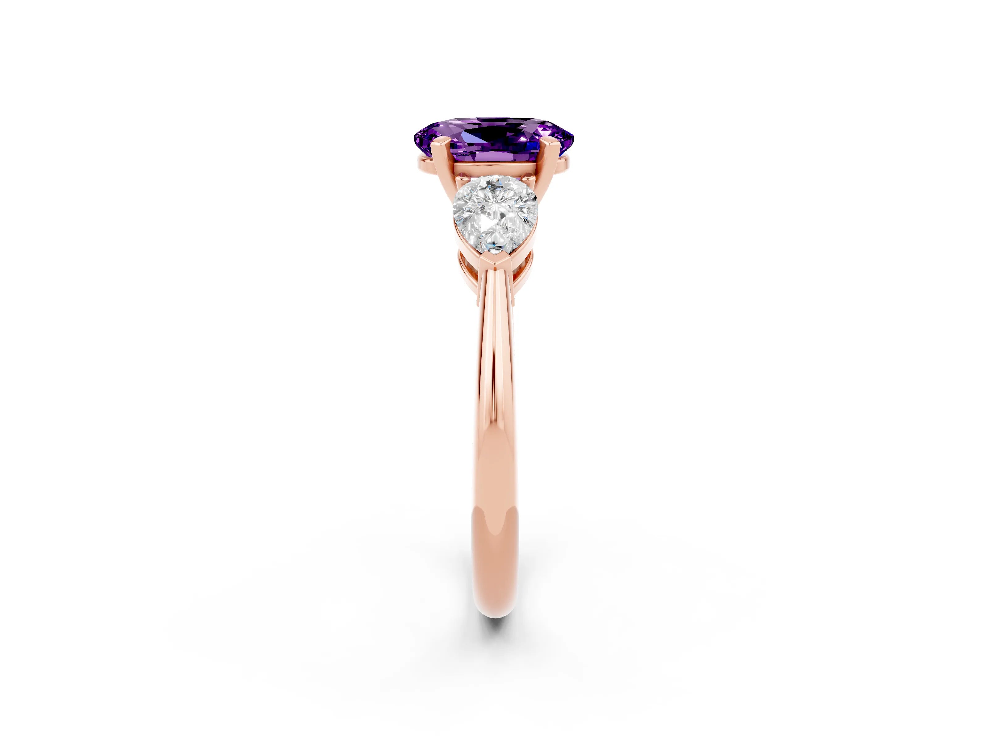 Rose gold Three-Stone Oval Cut Amethyst Ring with Pear Side Stones and Four-Prong Setting_2