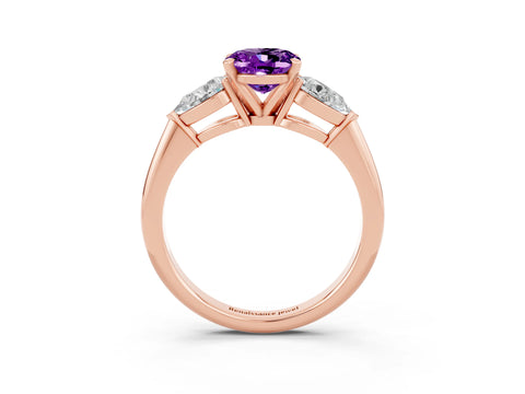 Rose gold Three-Stone Oval Cut Amethyst Ring with Pear Side Stones and Four-Prong Setting_3