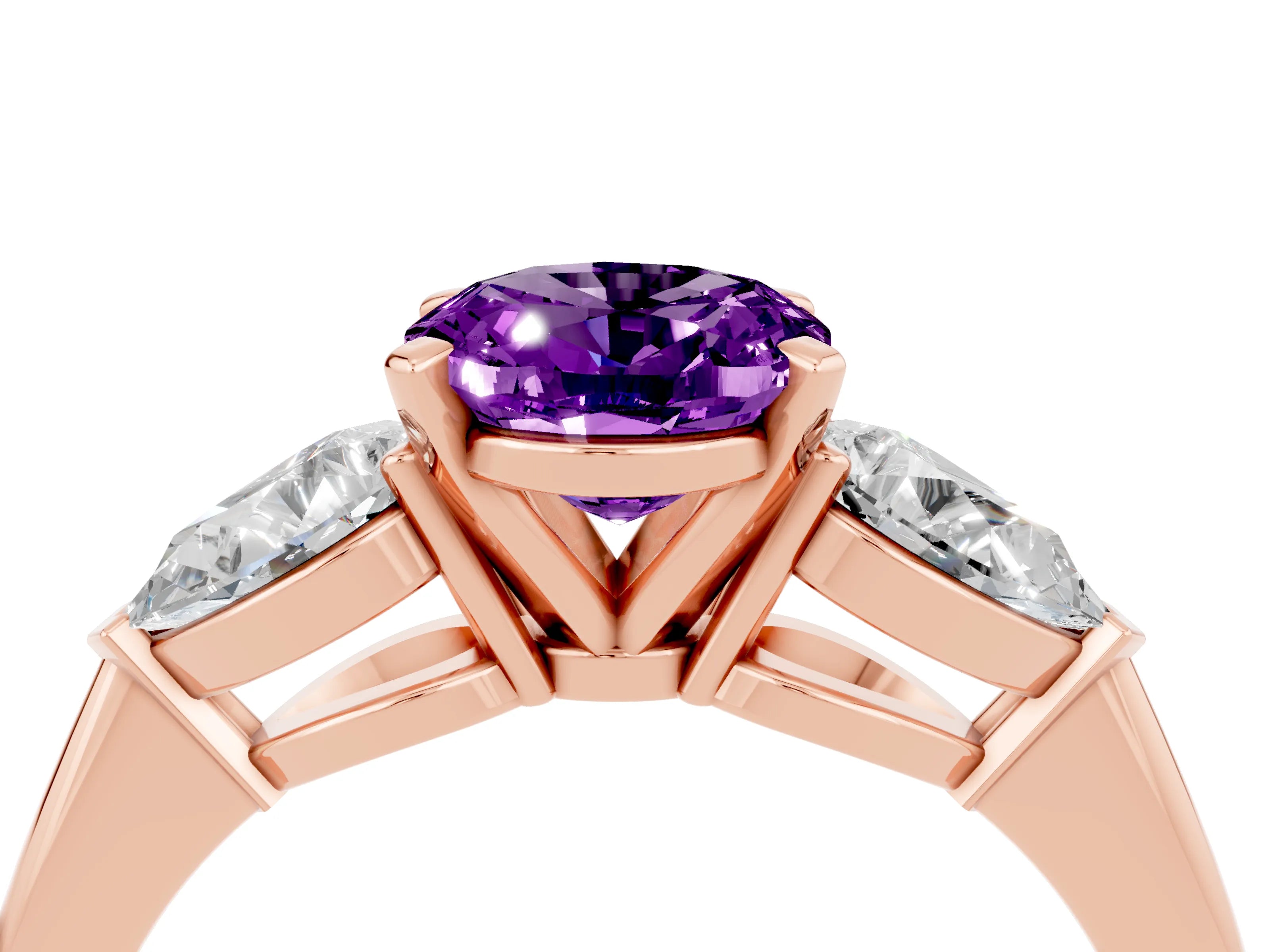 Rose gold Three-Stone Oval Cut Amethyst Ring with Pear Side Stones and Four-Prong Setting_4