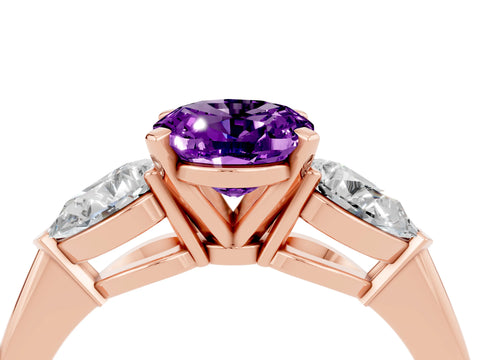 Rose gold Three-Stone Oval Cut Amethyst Ring with Pear Side Stones and Four-Prong Setting_4