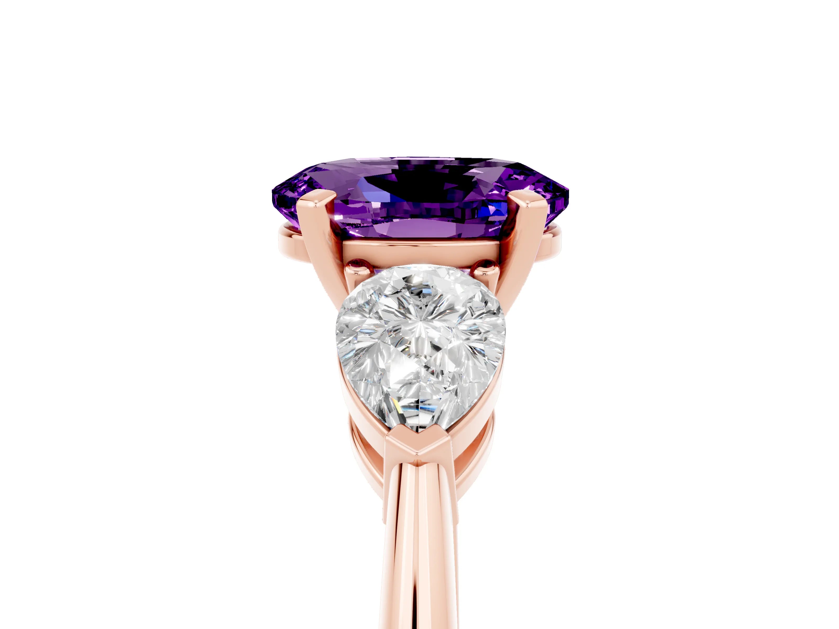Rose gold Three-Stone Oval Cut Amethyst Ring with Pear Side Stones and Four-Prong Setting_5