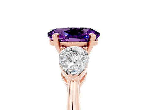 Rose gold Three-Stone Oval Cut Amethyst Ring with Pear Side Stones and Four-Prong Setting_5