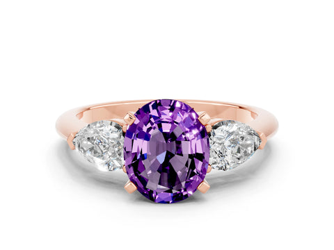 Rose gold Three-Stone Oval Cut Amethyst Ring with Pear Side Stones and Four-Prong Setting