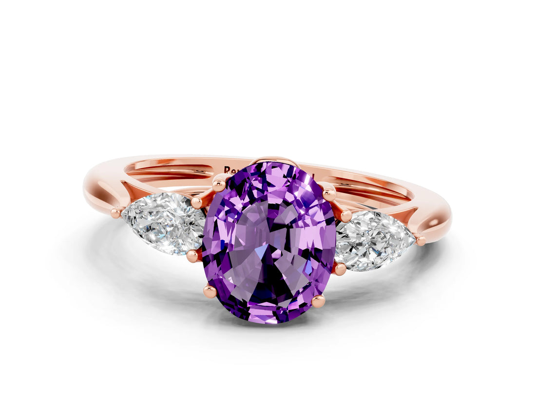 Rose gold Three-Stone Oval Cut Amethyst Ring with Pear  Side Stones in Four-Prong Setting_12