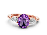 Rose gold Three-Stone Oval Cut Amethyst Ring with Pear  Side Stones in Four-Prong Setting_12