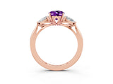 Rose gold Three-Stone Oval Cut Amethyst Ring with Pear  Side Stones in Four-Prong Setting_15