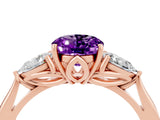 Rose gold Three-Stone Oval Cut Amethyst Ring with Pear  Side Stones in Four-Prong Setting_16