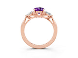 Rose gold Three-Stone Oval Cut Amethyst Ring with Pear  Side Stones in Four-Prong Setting_39