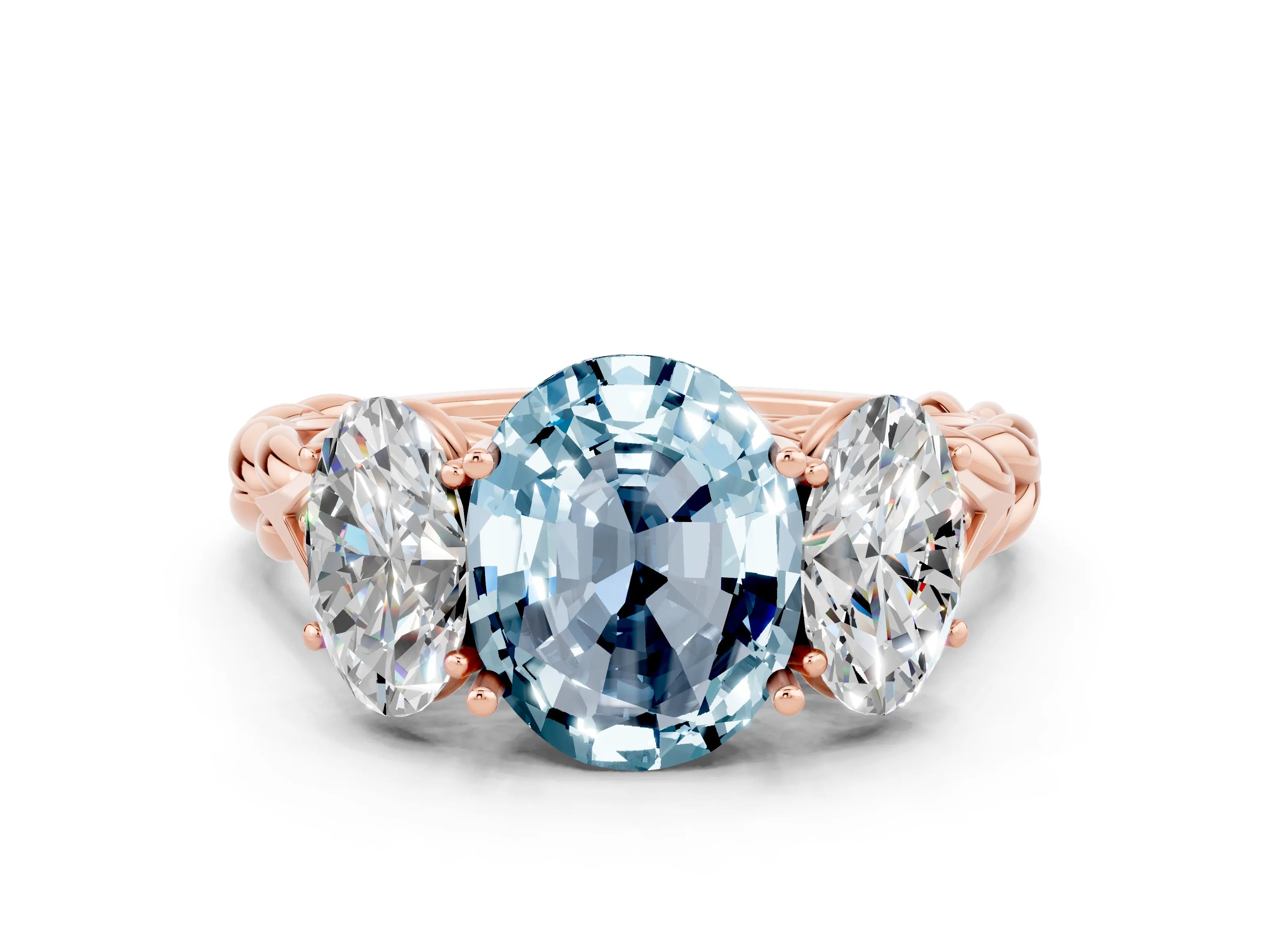 Rose gold Three-Stone Oval Cut Aquamarine Braided Band Ring with Four-Prong Setting_12